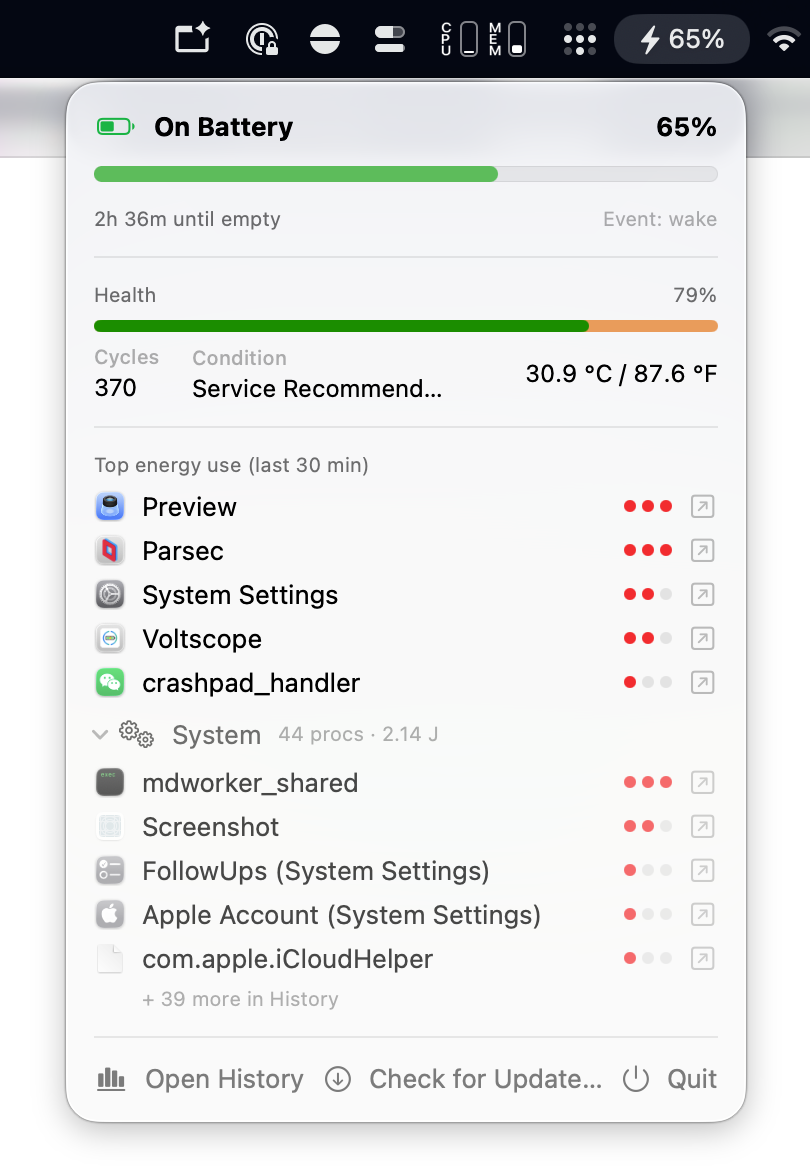 Voltscope menu bar battery panel showing current charge, health, top energy use, and History actions